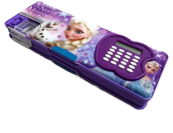 Double Sided Magnetic Button Geometry box with Calculator and Sharpener for boys and girls, Assorted Character