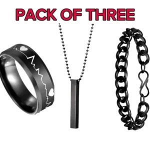 PACK OF 3 AMAZING NECKLACE DEAL FOR MEN | FASHION HIGH QUALITY BLACK BAR STICK NECKLACE + BLACK STAINLESS STEEL CHAIN BRACELET + BLACK TITANIUM STAINLESS STEEL HEARTBEAT RING FOR BOY AND MEN
