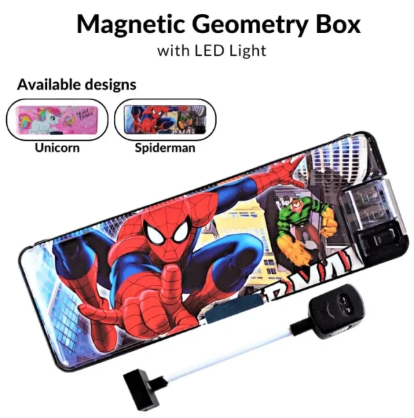 LED Double Sided with Magnetic Button Geometry box with Sharpener for kids, Boys and Girls Multifunctional in different cartoon characters - Image 3