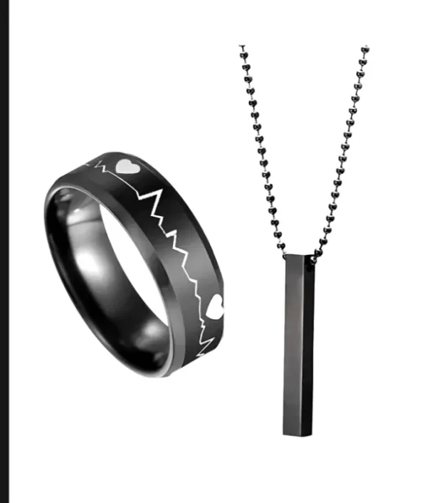 PACK OF 3 AMAZING NECKLACE DEAL FOR MEN | FASHION HIGH QUALITY BLACK BAR STICK NECKLACE + BLACK STAINLESS STEEL CHAIN BRACELET + BLACK TITANIUM STAINLESS STEEL HEARTBEAT RING FOR BOY AND MEN - Image 2