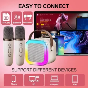 K12 Wireless Mic With Speaker - Single / Double RGB 7 Colour Dancing Light Karaoke Mic With Portable Bluetooth Microphone For Recording With Speaker For Music - 3 in 1 USB / AUX / SD Card Slot Karaoke Handheld Microphone