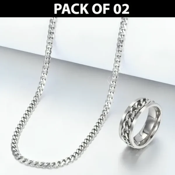 Pack of 2 High Quality Pure Silver Stainless Steel Thin Cuban Chain with bracelet For Men | Best Gift for your friend for birthdays and other occasions | Casual Ring and Bracelet for men